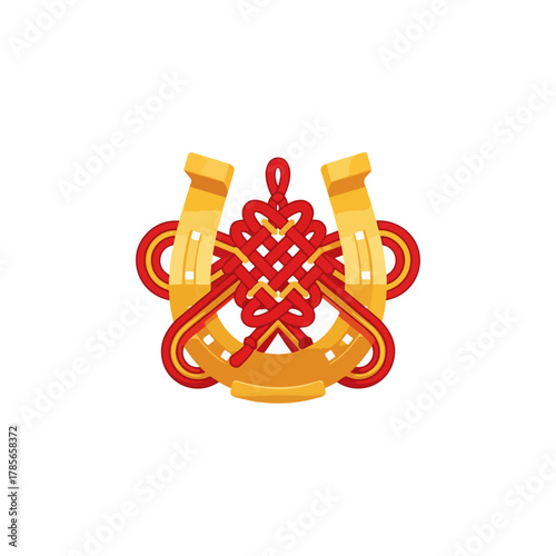 Golden Horseshoe with Traditional Chinese Knot. Good Luck Symbol.