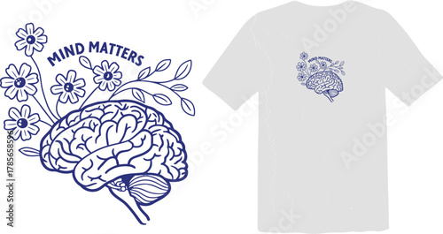 "Mind Matters" - Brain with Flowers Mental Health Line Art