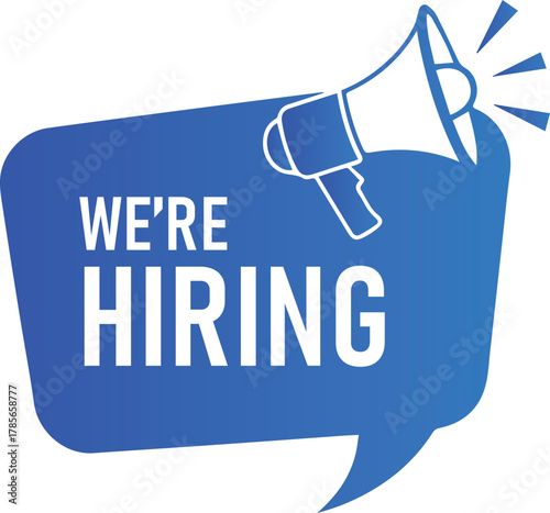 We are hiring announcement with a megaphone inside a blue speech bubble symbolizing recruitment and job opportunities for businesses and companies seeking new talent
