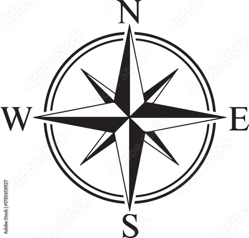 A classic black and white compass rose symbol with cardinal directions north south east and west prominently displayed within a circular border