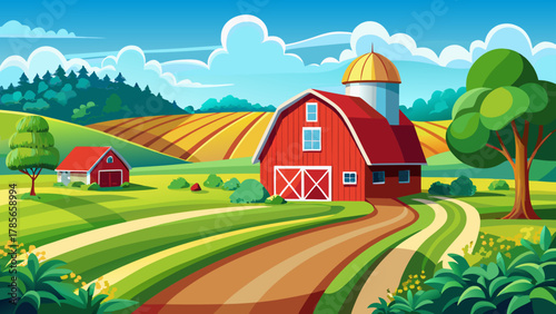 Very beautiful farm with a classic red barn along a curving road in the Iowa countryside on a bright spring day, featuring fresh green fields, clear blue sky, warm sunlight, and a realistic peaceful r