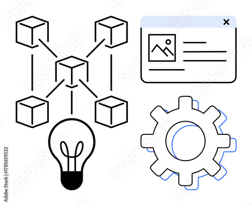Networked blocks representing blockchain, a glowing light bulb symbolizing ideas, gear for processing, and a web page interface. Ideal for technology, innovation, blockchain, web development