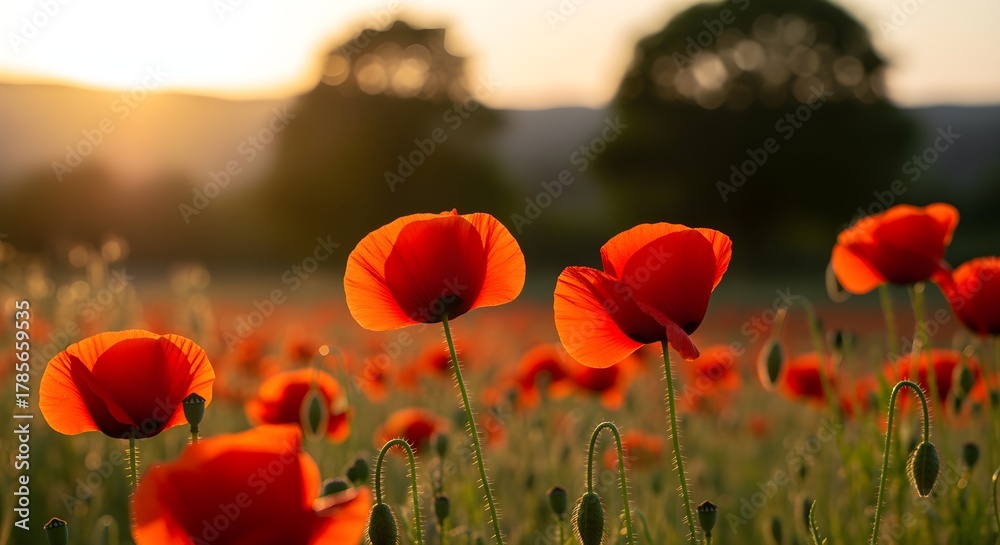 Obraz premium Vibrant red poppies illuminated by the warm, golden light of a serene sunset, creating a tranquil and picturesque natural landscape scene in the field