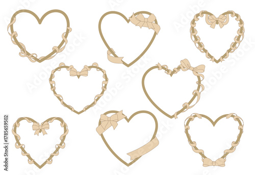 手描きのリボンとハートのフレームのイラストセット