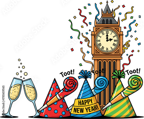 New year s eve celebration with big ben and party hats