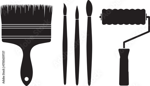 Silhouette collection of painting tools including a large flat brush two fine detail brushes and a paint roller against a white background