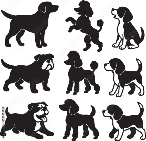 Minimalist dog silhouettes in motion, modern vector art style