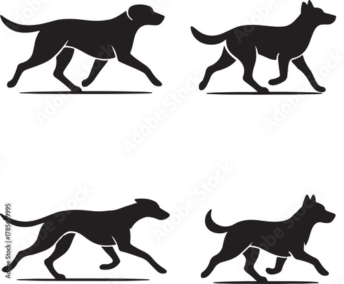 Variety of dog breed silhouettes — Labrador, Poodle, Bulldog, Beagle — in fun poses, monochrome set
