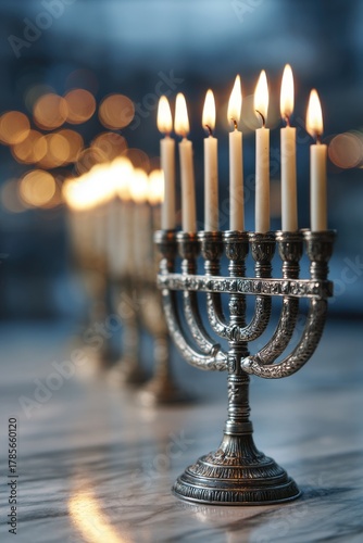 golden menorah shining with warm candle flames concept of hanukkah holiday hope peace and sacred jewish heritage in soft bokeh light