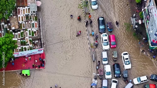 Aerial view of a city center in India completely flooded.
