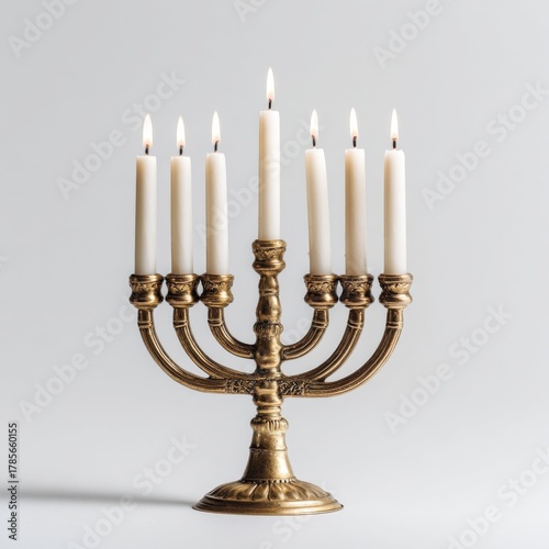 brass menorah with lit candles standing on plain surface symbol of hanukkah warmth peace and spirituality