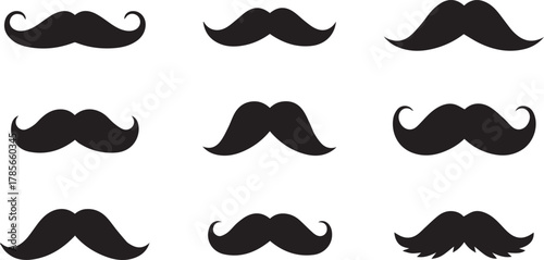 Collection of nine distinct black mustache styles displayed in a three by three grid against a clean white background for graphic design