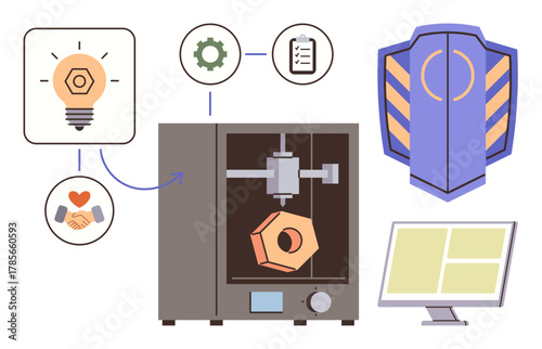 3D printer crafting an object, linked to ideas, teamwork, quality control, and technology. Ideal for innovation, prototyping, engineering, technological advancement reliability creativity simple