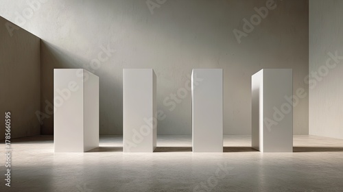 Four white pillars sit in a light-filled, minimalist room