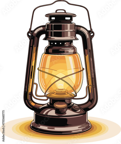Antique kerosene lantern with glowing yellow light