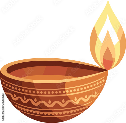 Clay diya with orange yellow flame oil lamp clay lamp
