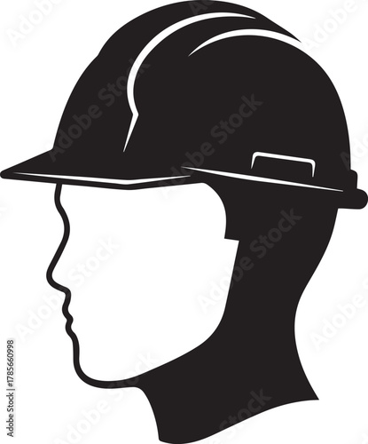 Silhouette of a person wearing a black hard hat in profile view illustrating safety and protection in construction industry environments and work sites