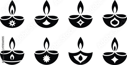 Eight Black Diya Lamps with Decorative Elements oil lamp