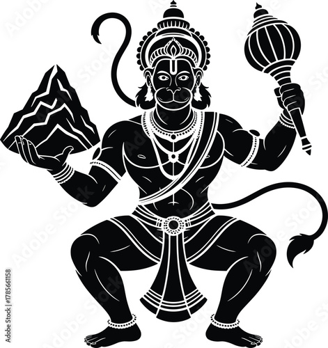 Hanuman holding mountain and mace black and white illustration