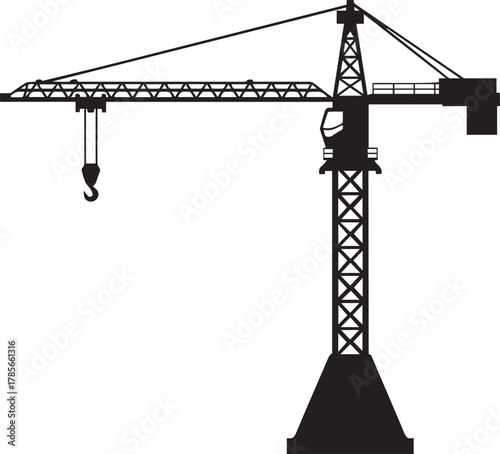 Silhouette of a large construction tower crane with a hook and boom against a white background symbolizing industrial development and building projects