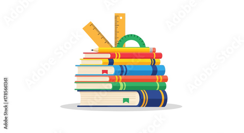 Stack of Colorful Books with Ruler and Protractor for Educational Resources