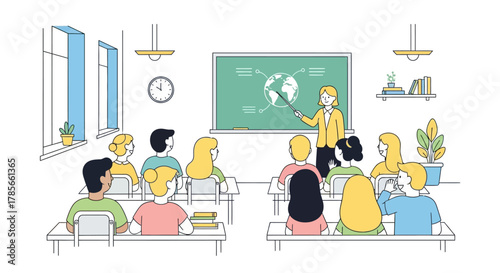 Classroom Scene Teacher Explaining Geography Lesson to Students with World Map on Blackboard