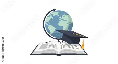 Global Education Open Book, Globe, and Graduation Cap Representing Worldwide Learning