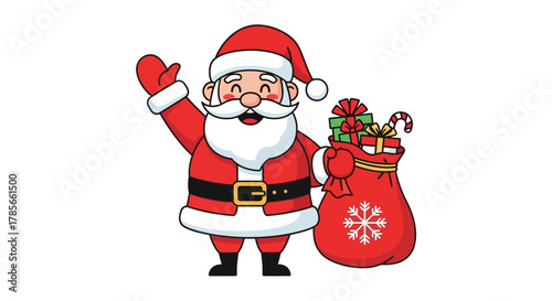 Christmas Santa Claus waving and holding a sack full of gifts and presents