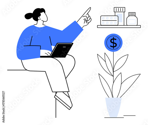 Woman seated with laptop, pointing to medicines on a shelf, alongside a money-themed plant. Ideal for finance, healthcare, investment growth, budgeting, savings, digital tools simple flat metaphor