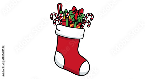 Christmas stocking filled with presents, candy canes, and festive decorations for holiday celebration