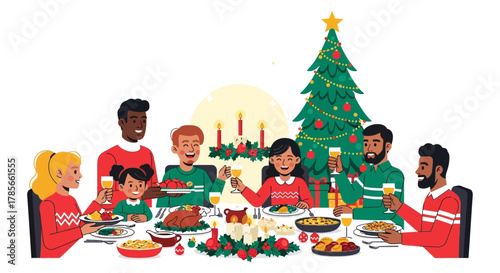 A Festive Christmas Dinner Celebrating Together with Family and Friends, Enjoying a Hearty Meal