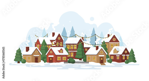 Charming winter village scene with snow-covered houses and festive decorations, evoking a cozy holiday atmosphere