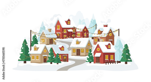 Charming winter village illustration with cozy houses nestled in snow-covered hills, adorned with festive string lights and pine trees, evoking a peaceful holiday season