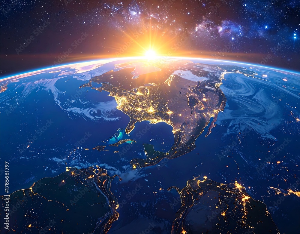 Obraz premium Illuminated Earth at dawn, showing continents and the starry night