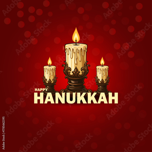 Happy Hanukkah Illustration with Decorative Burning Candles on Red Background