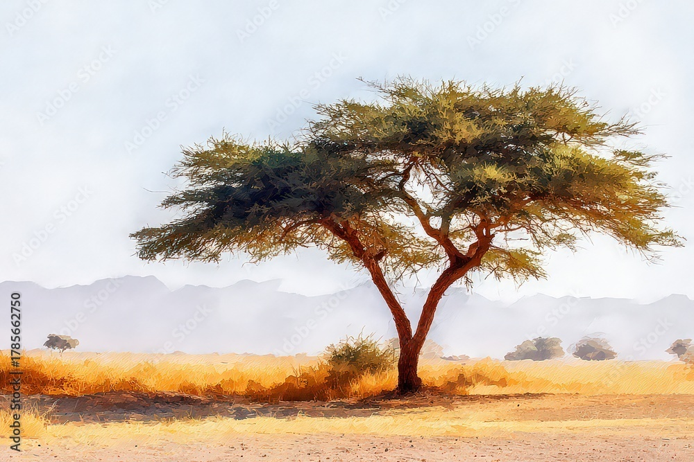 Obraz premium Isolated Tree in African Savannah Landscape Under Bright Sky Watercolor Style