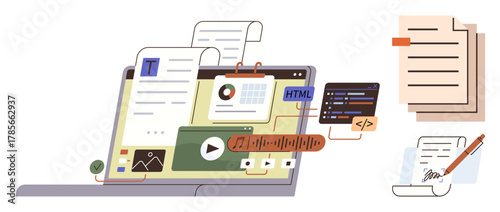 Laptop displaying various tools for media editing, coding, and writing with external written files. Ideal for web development, content creation, education, online courses, blogging, document