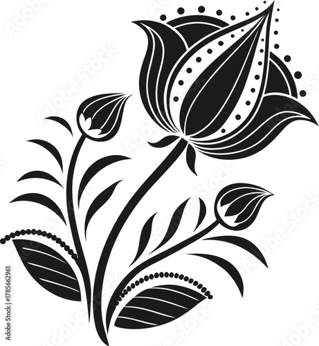 A symmetrical, stylized floral design is centered against a stark white background. The design is rendered in solid black, presenting a high-contrast graphic with no shading or texture. The main subje