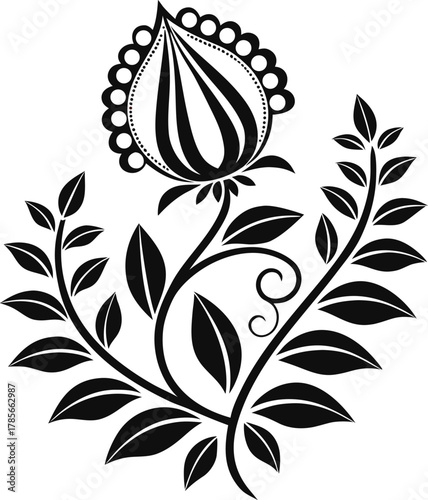 A symmetrical, stylized floral design is centered against a stark white background. The design is rendered in solid black, presenting a high-contrast graphic with no shading or texture. The main subje