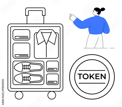 Luggage with neatly packed clothing and shoes, woman pointing, round travel token. Ideal for travel organization, packing tips, tourism, planning, efficiency preparation minimalism. Simple flat