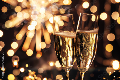 Celebration Toast: Champagne flutes clink in a toast against a backdrop of festive lights, celebrating moments.