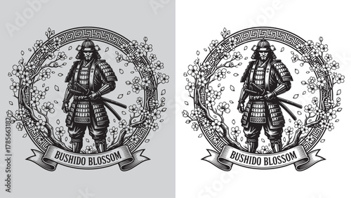 Bushido Blossom - Samurai Warrior in Full Armor with Sakura Wreath