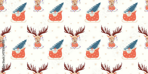 Christmas seamless pattern with reindeer antlers, garlands, sleigh, Christmas tree and gifts. Cute holiday designs for Christmas textiles, banners, wrappers, wallpapers.