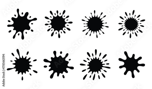 Black Ink Splash and Splatter Icon Set - Liquid, Paint, and Explosion Vector Collection