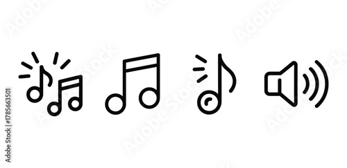 Music Notes and Volume Speaker Icon Set - Audio, Sound, and Entertainment Outline Vector
