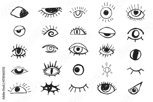 Eyes Crazy doodle black eyes. Open eye creative hand drawn human parts of faces elements, various opened eyes. Black ink vision icon, hand drawn grunge ophthalmologist symbol, drawn charcoal eyes
