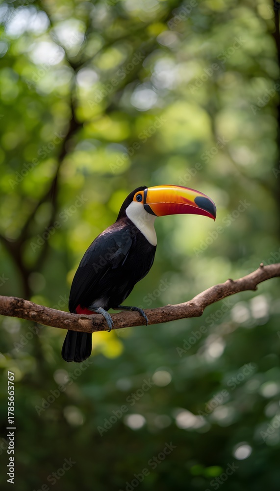 Naklejka premium Vivid toucan perched serenely amidst lush tropical foliage a tranquil nature portrait