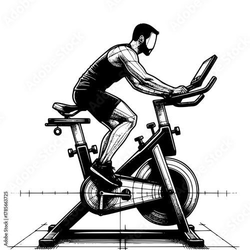 Spinning Cyclist's Solo Pursuit: A dedicated individual finds focus and fitness on a stationary exercise bike, embodying the spirit of indoor cycling and personal well-being.