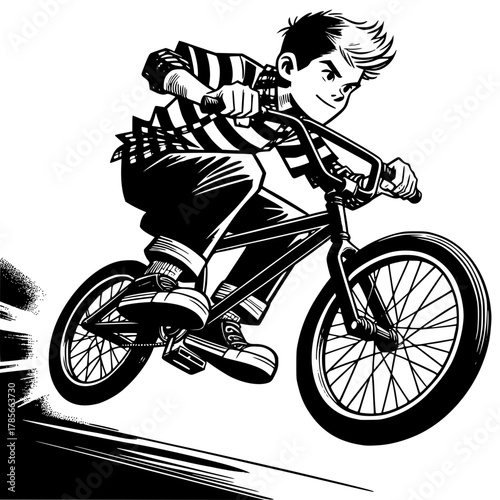 BMX Boy's Leap: A dynamic illustration depicts a boy fearlessly executing a thrilling BMX trick, filled with the spirit of youth and adventure.
