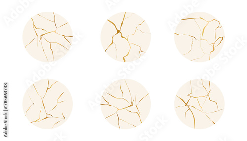 Golden cracks effect circles in japanese kintsugi art mosaic style. Luxury marble stone. Broken porcelain gold fissures. Marble texture. Luxury design for wedding card, social media.